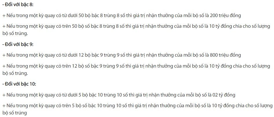 giới hạn trả thưởng mỗi kỳ cho Keno bậc 8, 9, 10